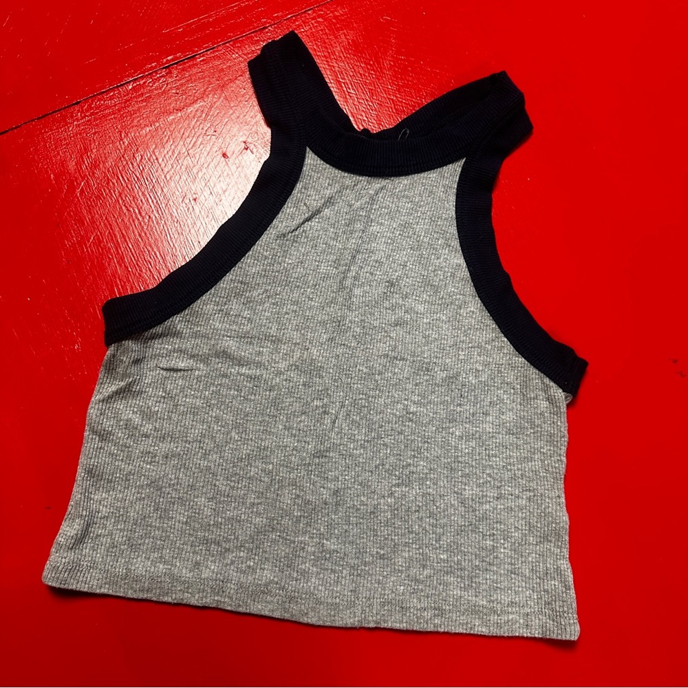 DONT ASK WHY GRAY RIBBED BLUE TRIM CROPPED TANK TOP